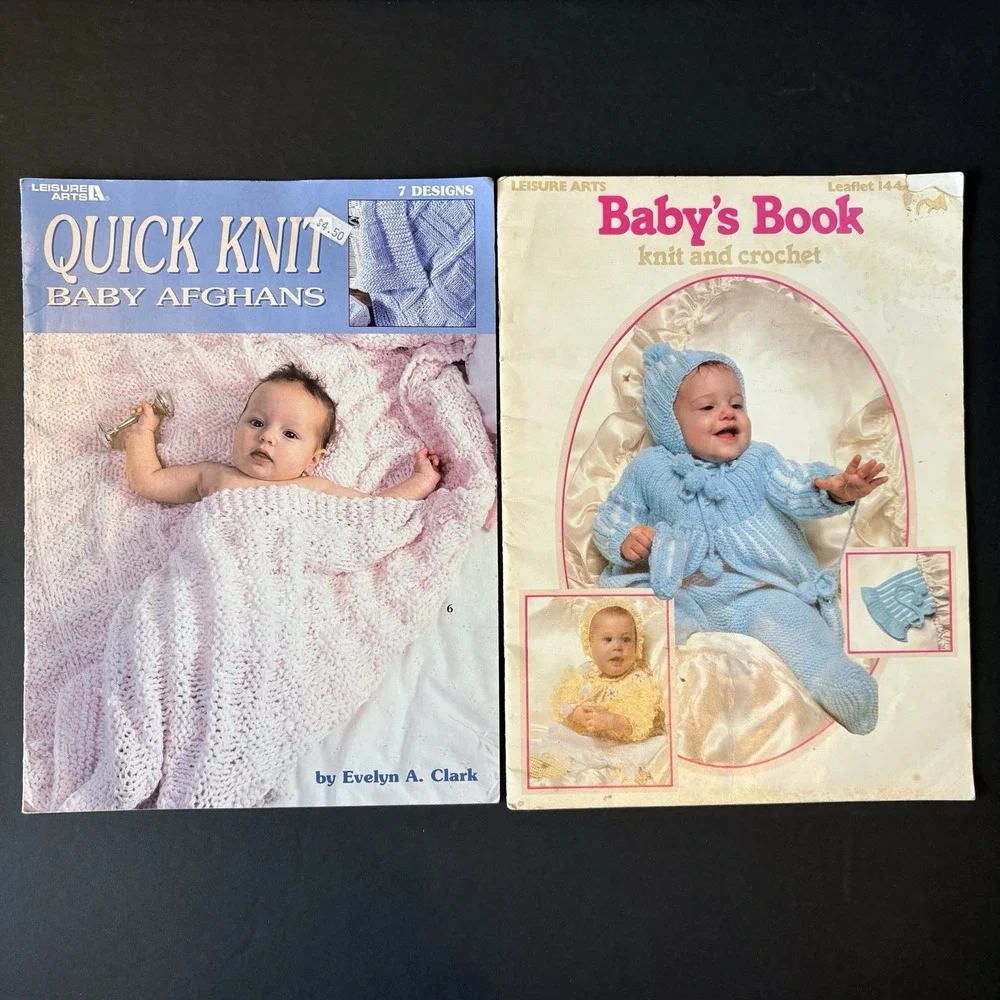 5 Vintage Leisure Arts Baby Kids Knit Crochet Needlepoint‎ Applique Sew Leaflets
